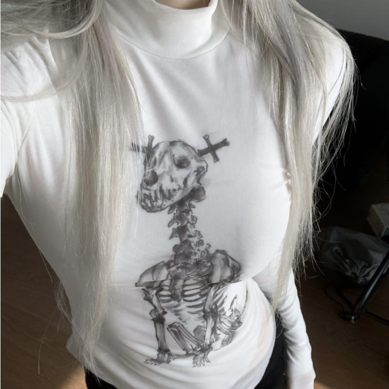 Turtleneck Knit 90S - Skull Gothic slim Turtleneck sweetheart y2k