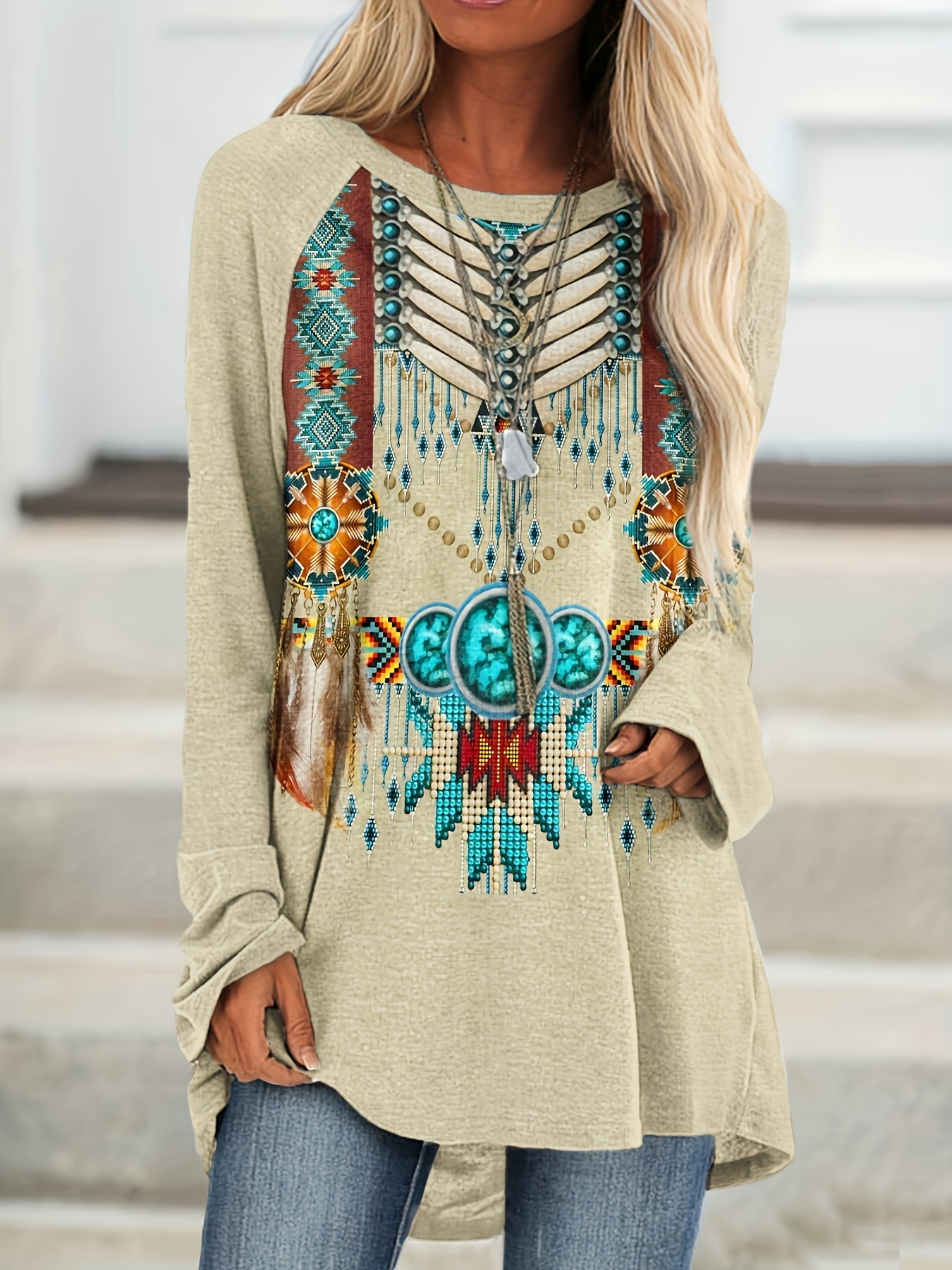 Usa Vintage Fashion - Vintage Print Long Sleeve V-Neck Button-Front
