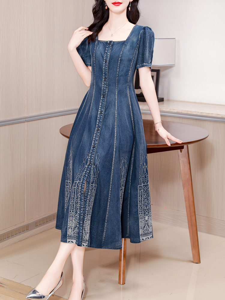 Vintage Style Women Fashion - TIYIHAILEY-Long Mid-Calf Short Sleeve Denim Dress,