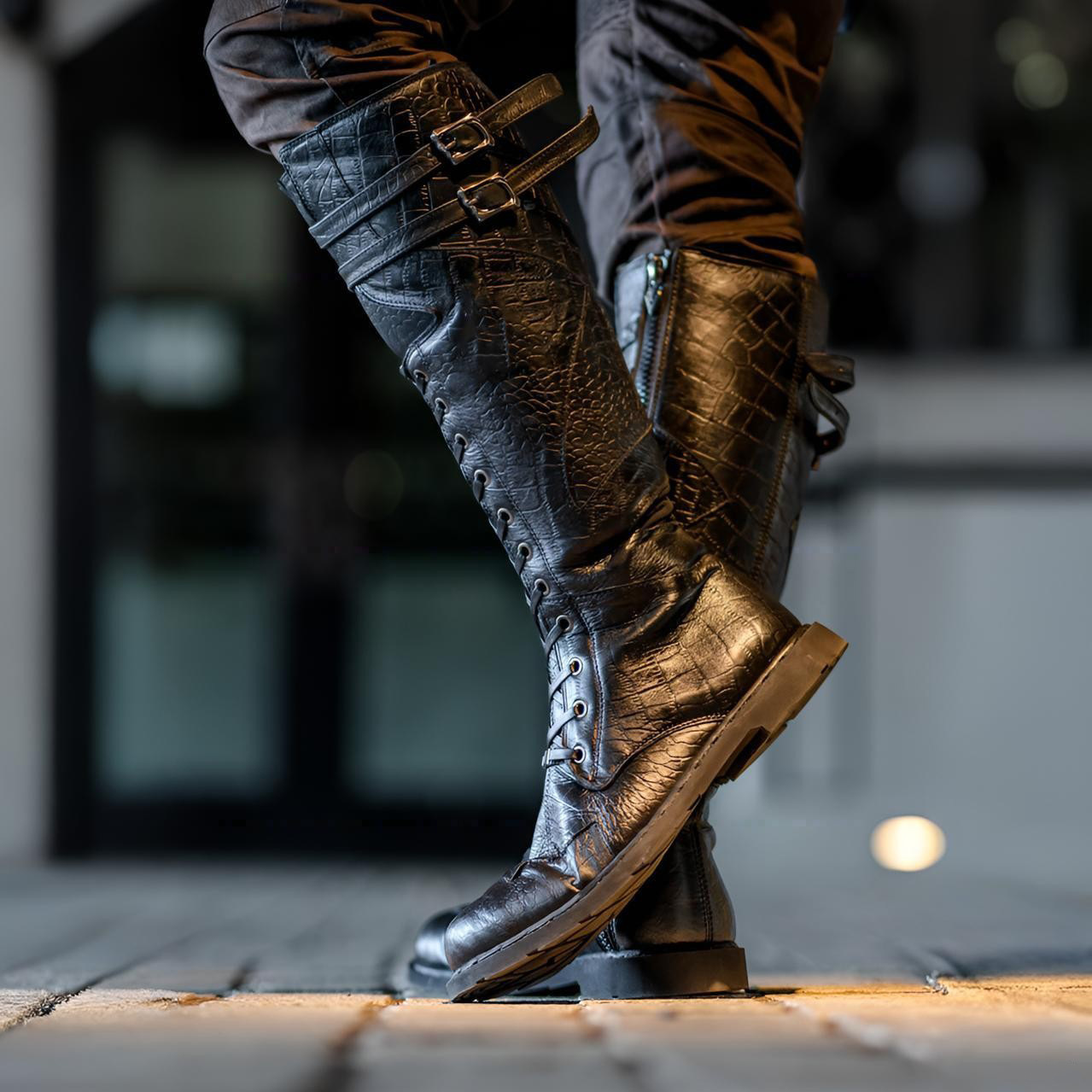 Men's Leather Knee-High Combat - Vintage Style Women Fashion recension och pris