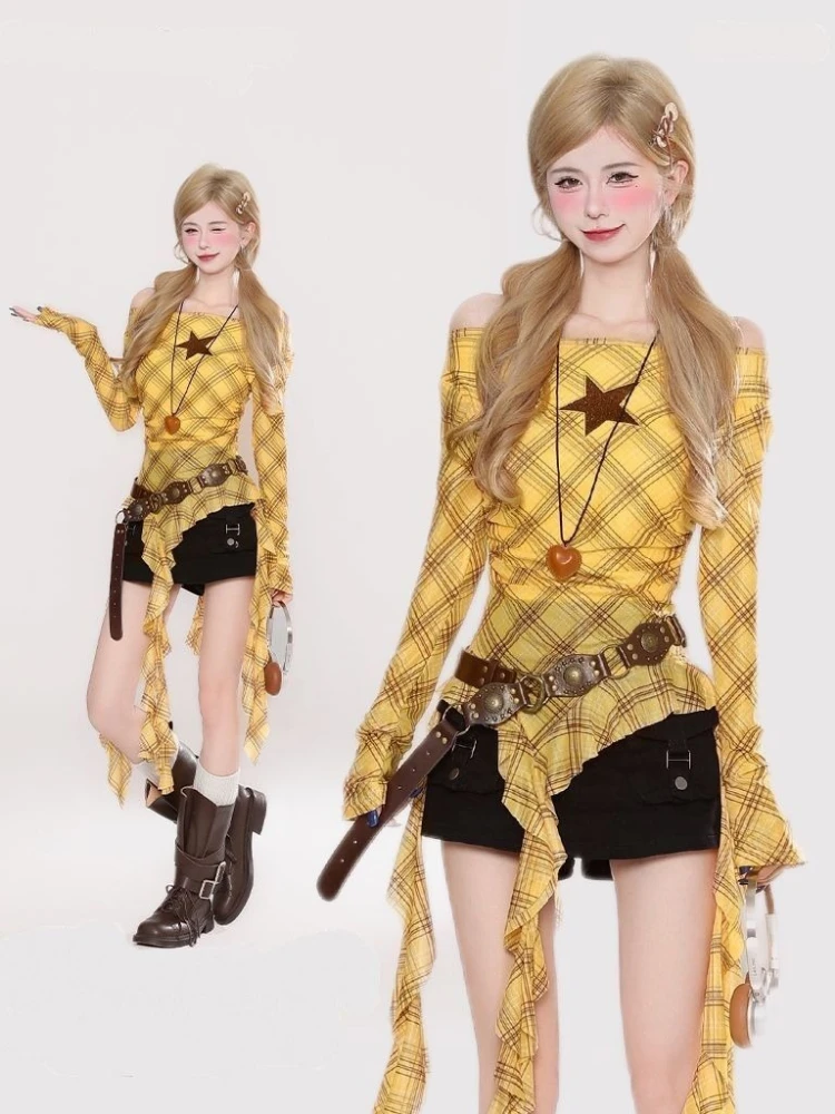 Y2K Plaid Slash Neck Vintage T - Usa Vintage Fashion recension och pris