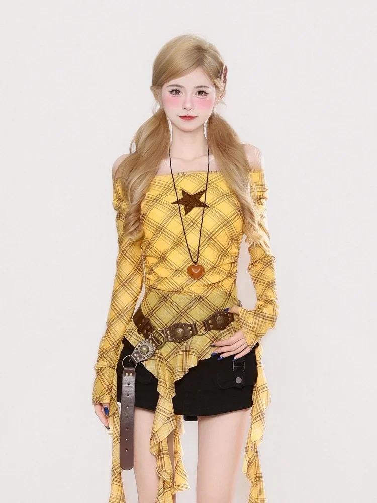 Y2K Plaid Slash Neck Vintage T - Usa Vintage Fashion recension och pris