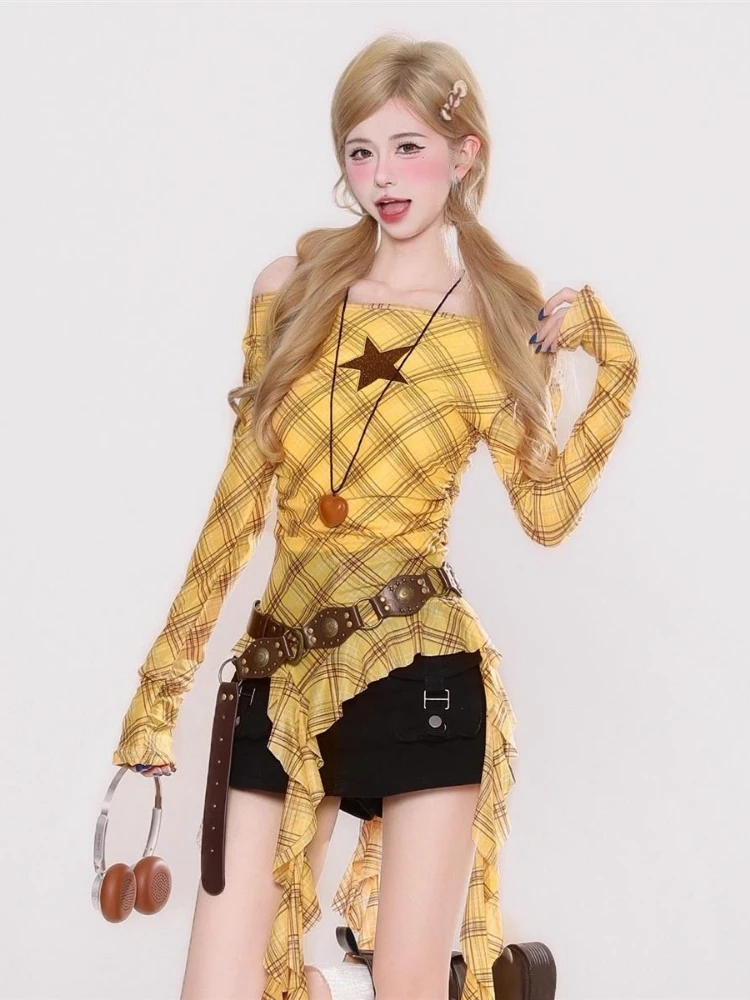 Y2K Plaid Slash Neck Vintage T - Usa Vintage Fashion recension och pris